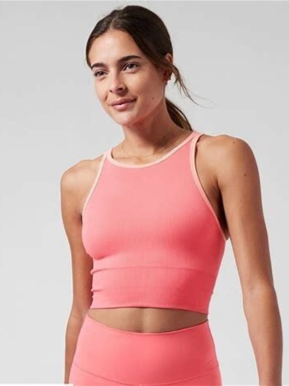 Athleta Aurora High Neck Crop Tank, Sz M, Sunset Glow Ribbed Fitted Seamless